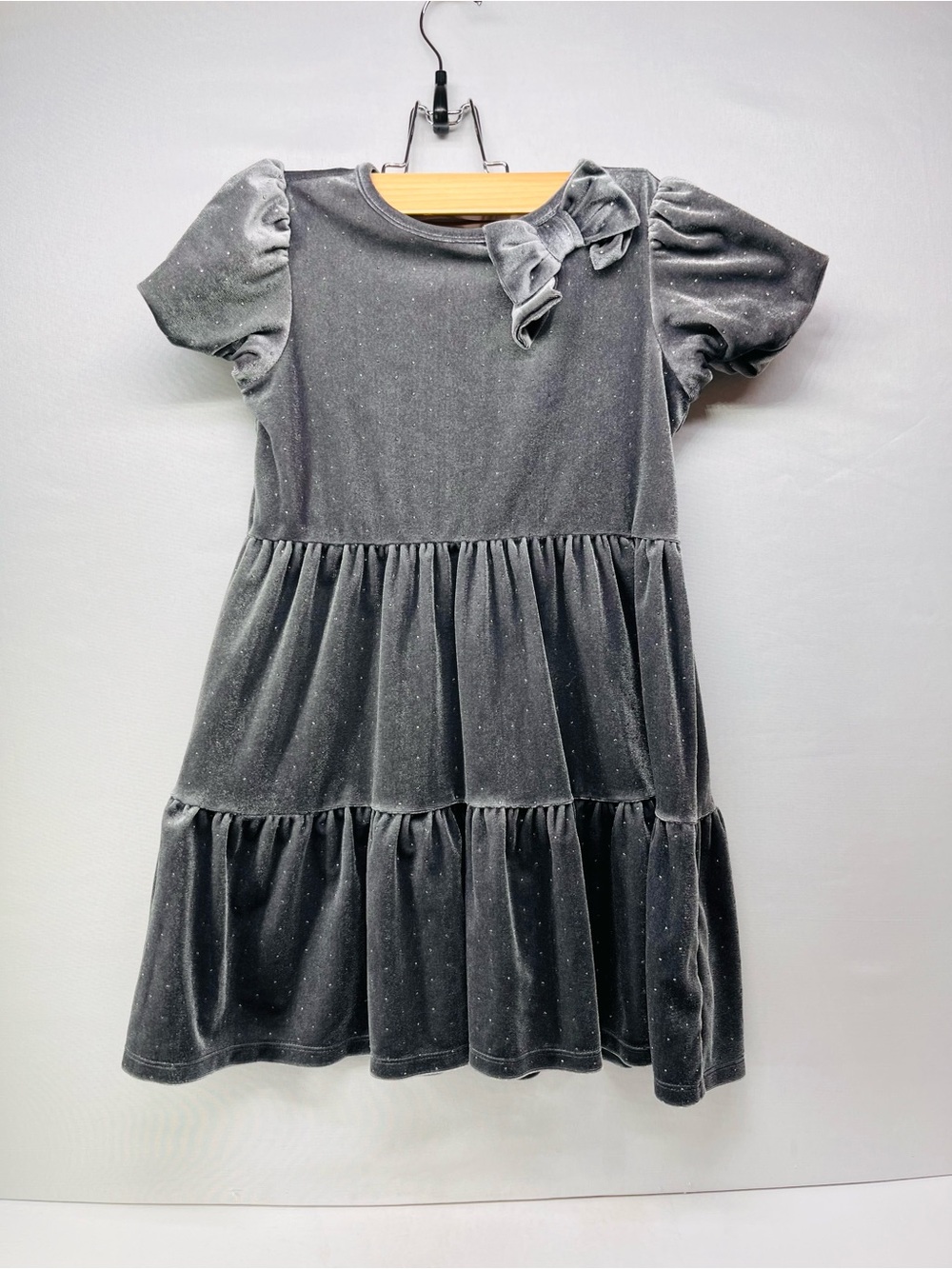 Janie and Jack‎ Silver-Gray Velvet Tiered Dress with Bow and sparkles